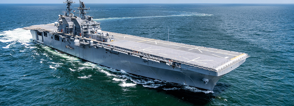The Ingalls-built amphibious assault ship Tripoli (LHA 7) sails the Gulf of Mexico during builder’s trials held in July 2019.
